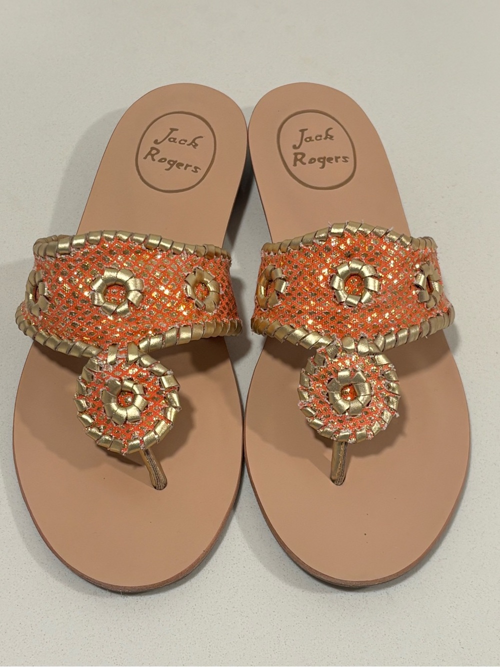 Jack Rogers Sparkle Orange & Gold Flat Sandals Size 8 New Without Box